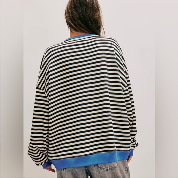 We The Free Striped Sweatshirt In Black/White/Blue French Terry Crewneck SZ S - Picture 3 of 16